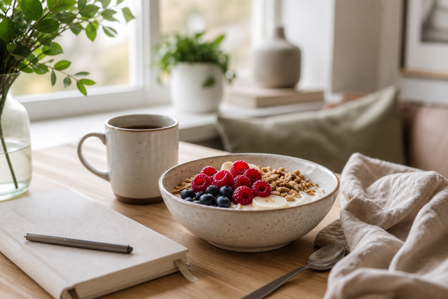 Frühstücksschale mit Beeren, Kaffee und Notizbuch am Fenster