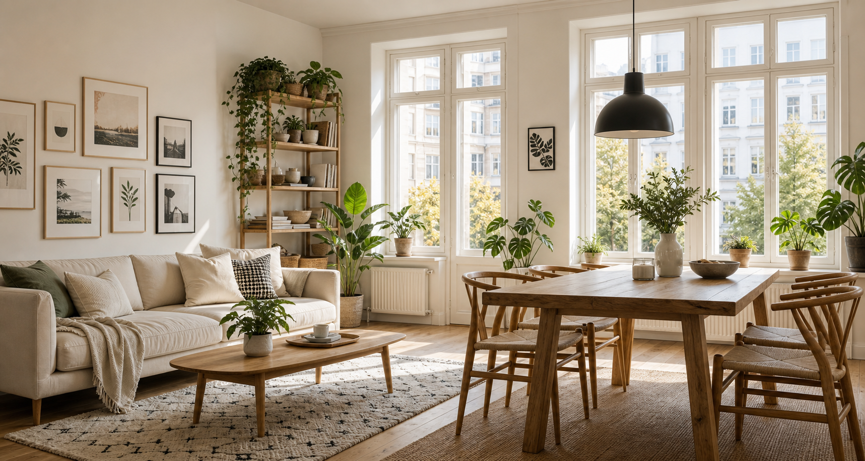 Helles Wohnzimmer mit Essbereich, Holzmöbeln und Pflanzen